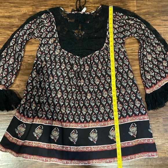 Free People Nomad Child Boho Black Floral Lace Detail Dress Tie Tassel neck xs - Picture 14 of 14